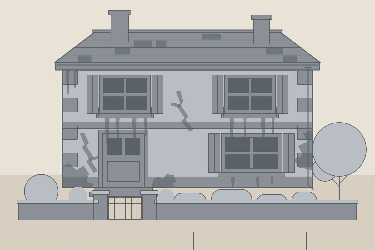 Avant : pavillon en meulière à la façade ternie et fissurée