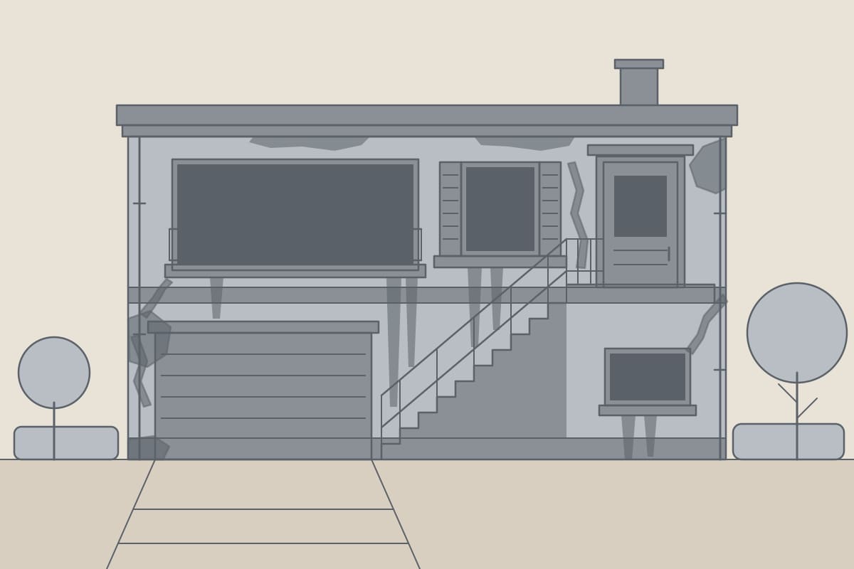 Avant : pavillon à toit-terrasse, enduit gris décollé par plaques