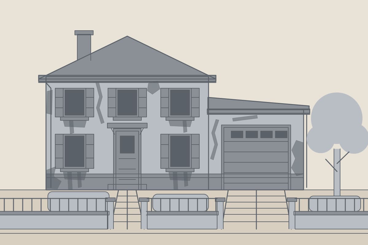 Avant : pavillon avec garage, façade et muret ternis