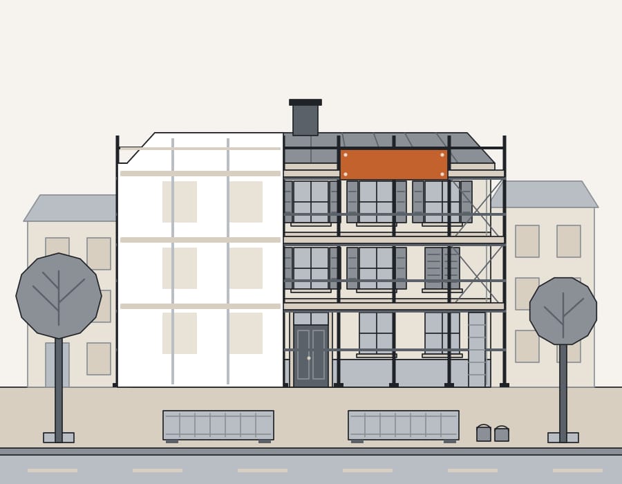 Illustration d’un petit immeuble de copropriété sous échafaudage bâché
