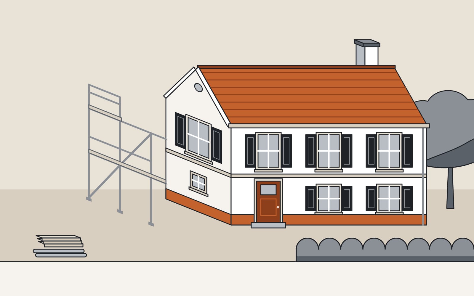 Illustration d’un pavillon fraîchement ravalé, enduit clair et volets ardoise, échafaudage en cours de démontage