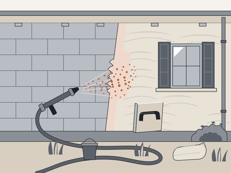 Illustration d’un mur en cours d’enduit projeté, taloche posée sur la façade