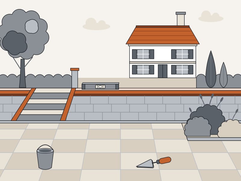 Illustration d’une terrasse en dalles de pierre avec muret, marches et niveau à bulle