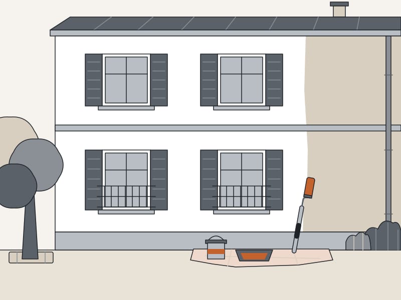 Illustration d’une façade à mi-peinture, rouleau appuyé sur le mur près d’une fenêtre à volets